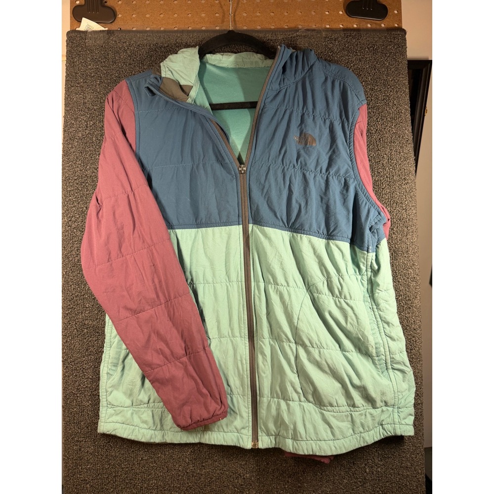 The North Face Hooded Puffer Jacket Women Medium Teal Blue Maroon Colorblock